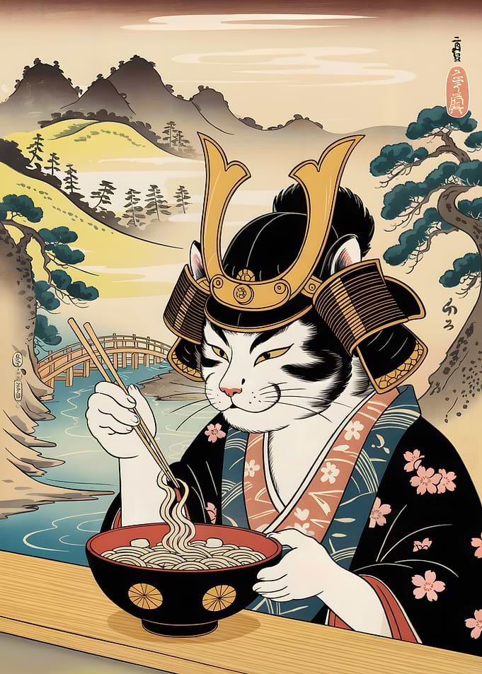 Samurai Cat Eating Noodles Ukiyo-e Style