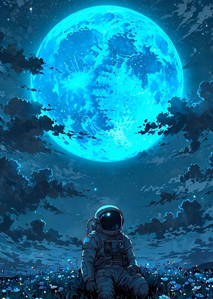 Astronaut under a giant blue moon
