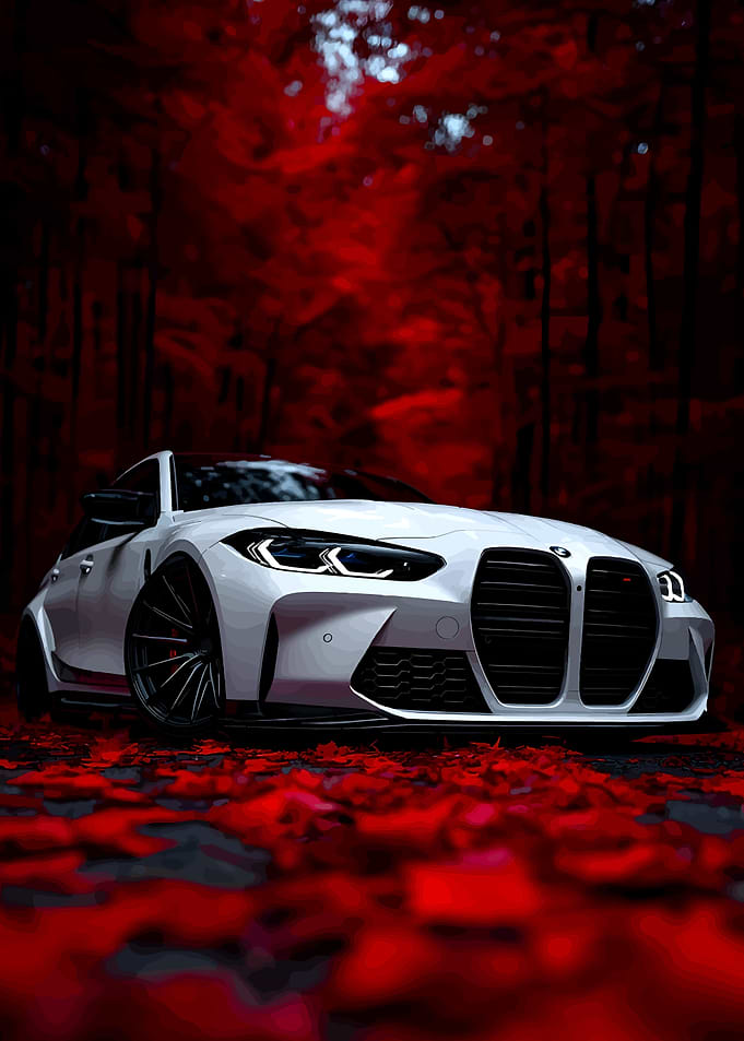 White BMW M3 in Red Forest