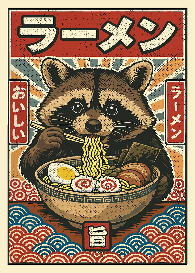 Raccoon Eating Ramen Poster Japanese Style Wall Art Cute Animal Noodle Print