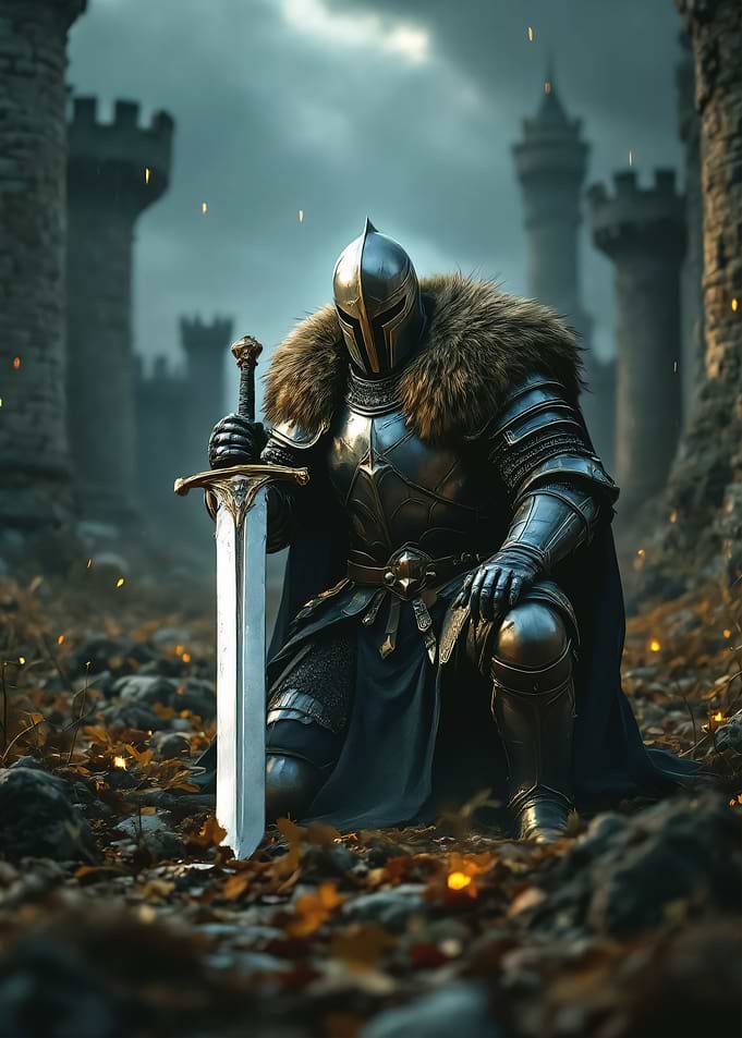 Kneeling Knight with Sword in Castle Ruins