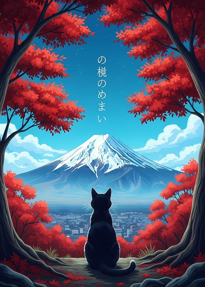 Black cat viewing Mount Fuji