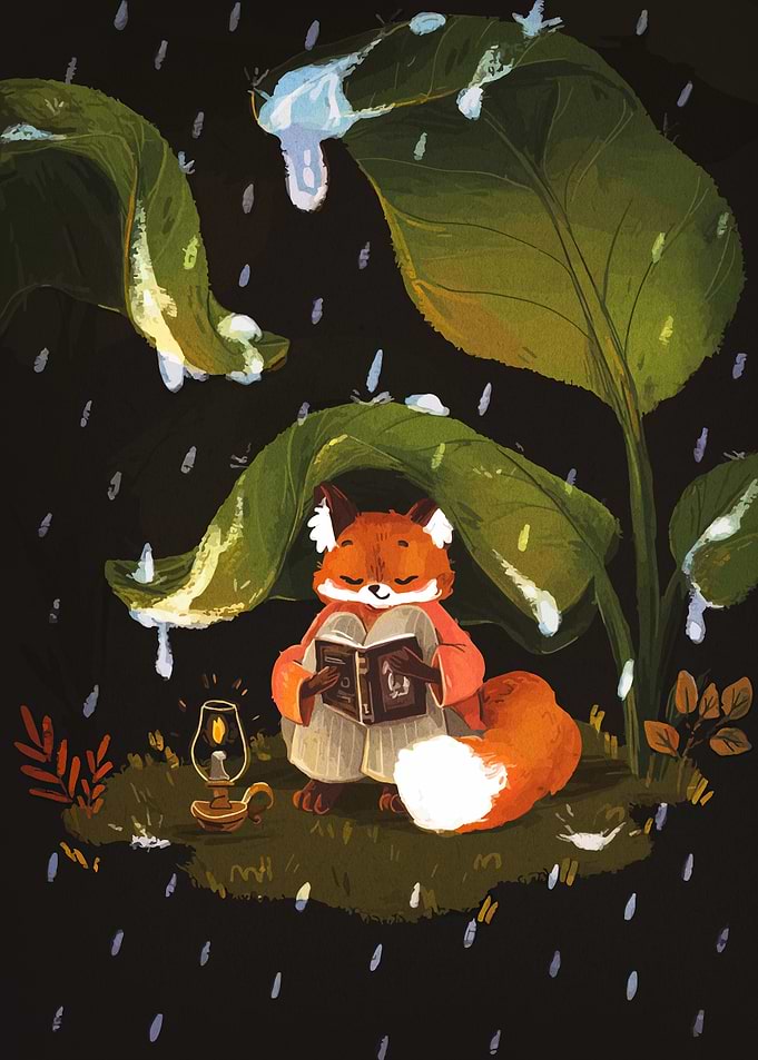 Fox Reading Under Leaves in Rain