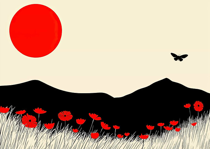 Red Sun, Poppies, and Butterfly