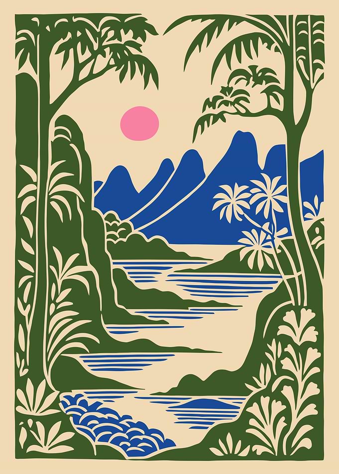 Tropical Landscape with Pink Sun