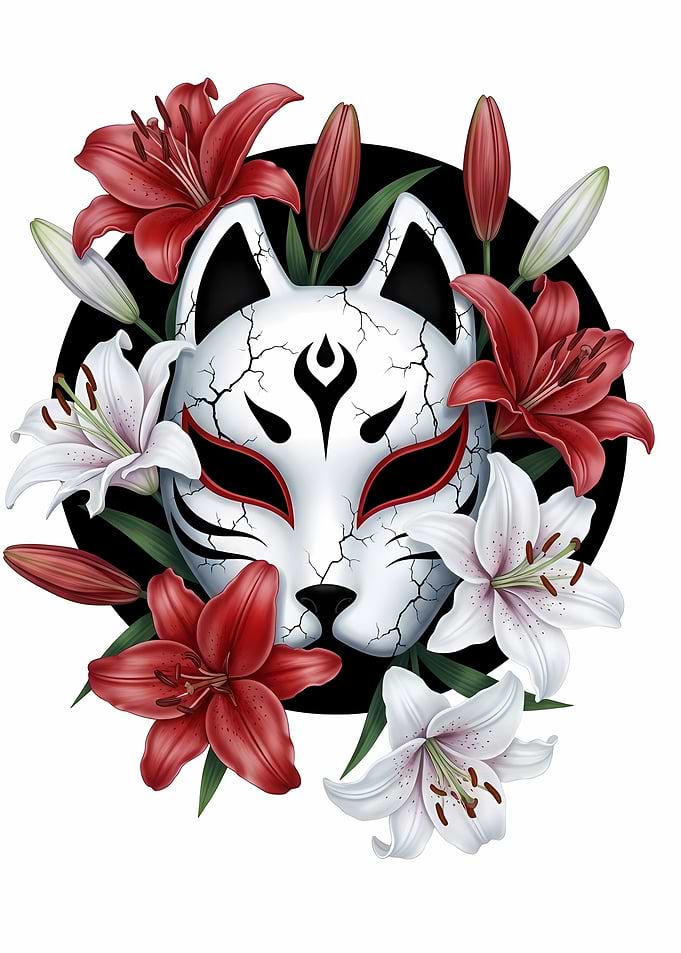 Kitsune Mask with Lilies