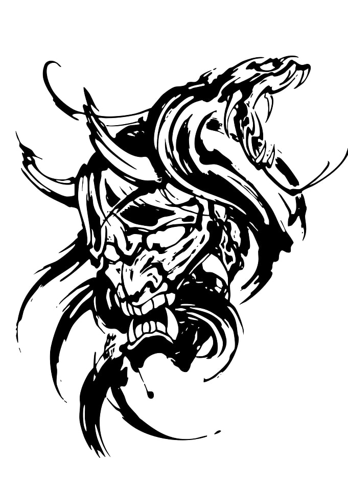 Hannya Mask and Snake Ink Drawing