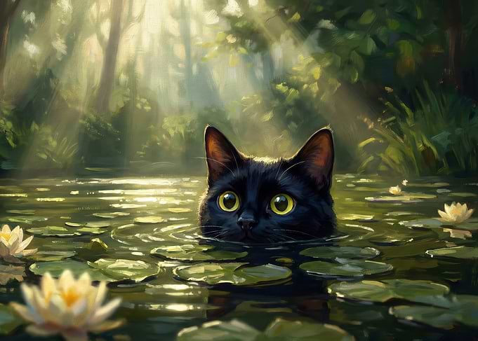 Whimsical Black Cat Peeking from Water Lily Pond - Impressionistic Digital Art