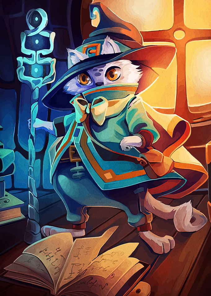 Cat Wizard with Magic Staff and Book