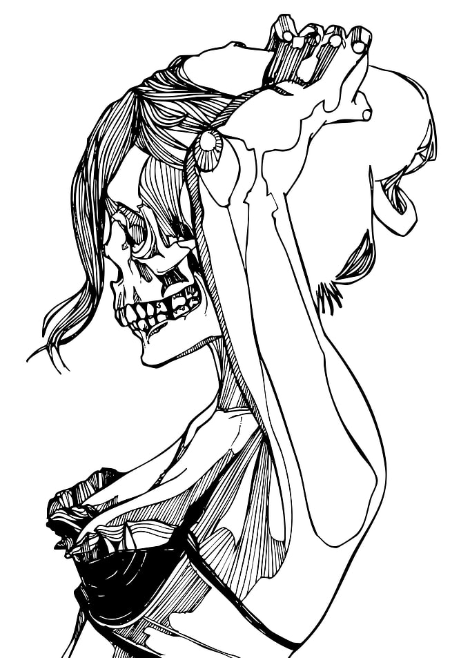 Skeleton Woman with Bra Ink Drawing