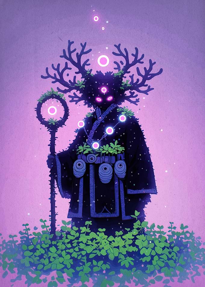 Mystical Forest Spirit with Glowing Orbs