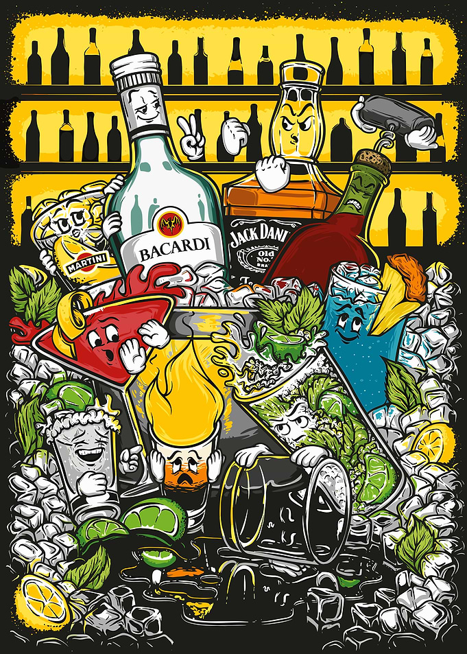 Cartoon Alcoholic Beverages in Ice Bucket