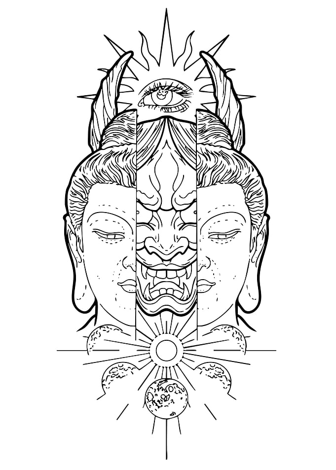 Buddha, Oni Mask, and Third Eye