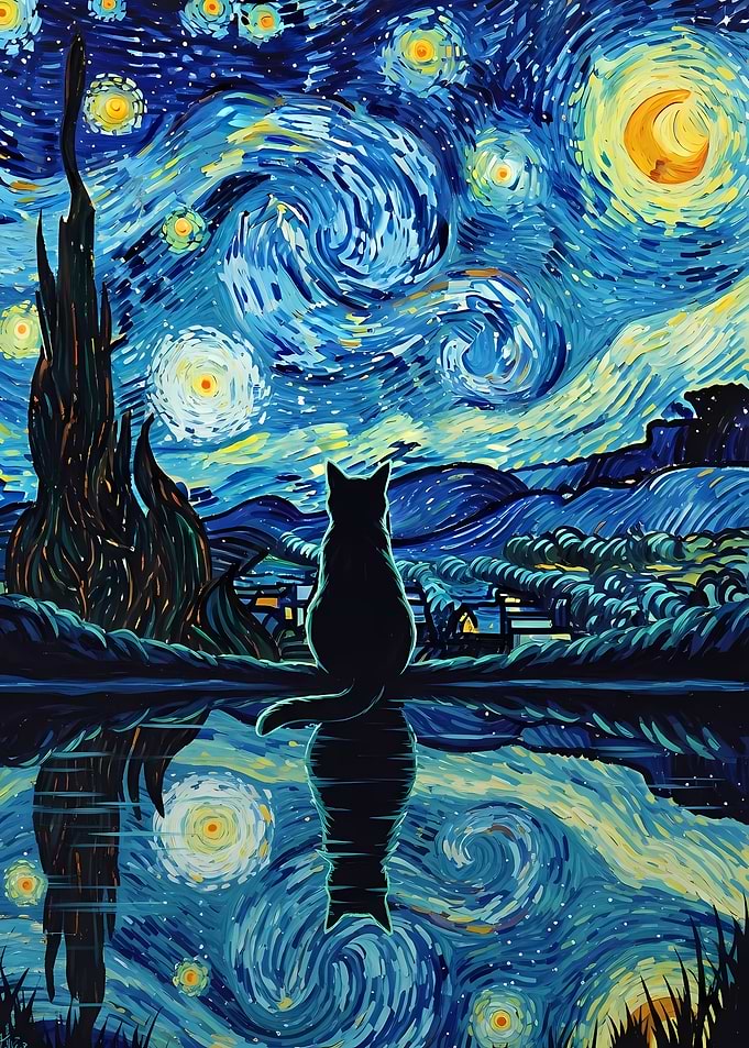 Cat Starry Night Painting
