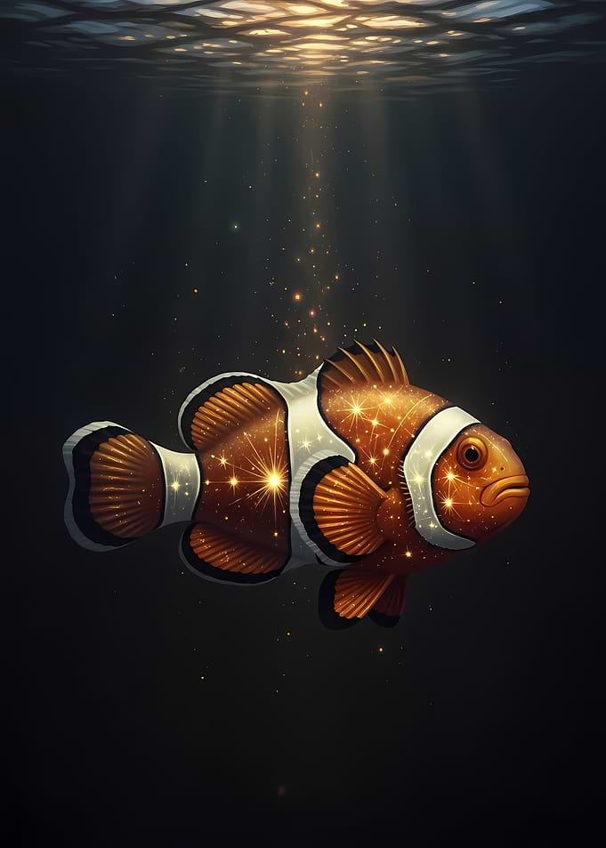 Clownfish in Dark Water with Light