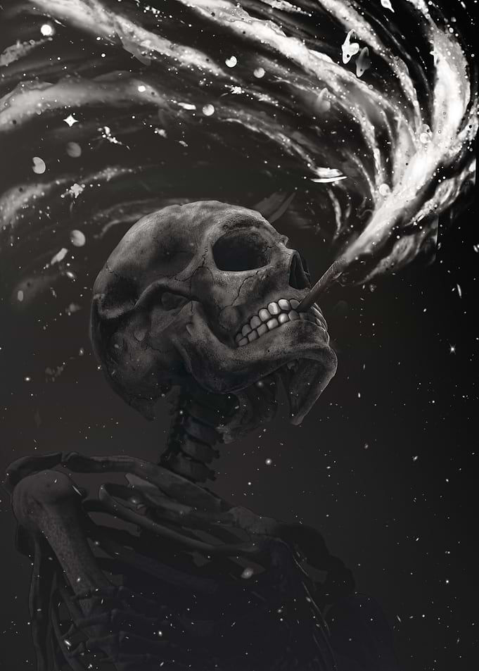 Smoking Skull Black and White Art