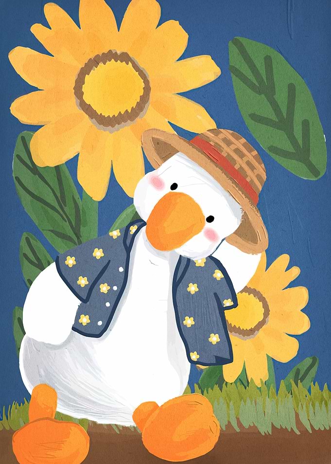 Duck with hat and sunflowers