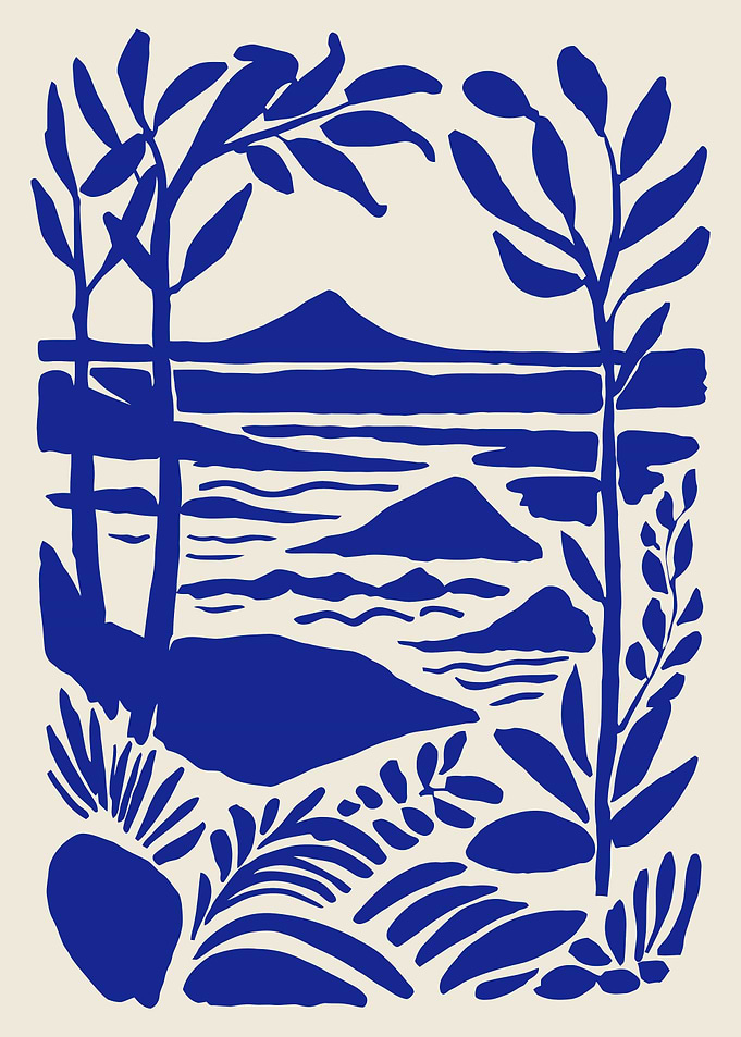 Blue Landscape with Plants and Mountains