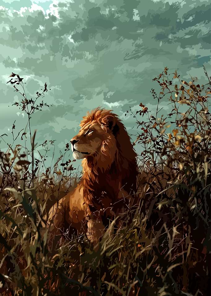 Lion in Tall Grass Illustration