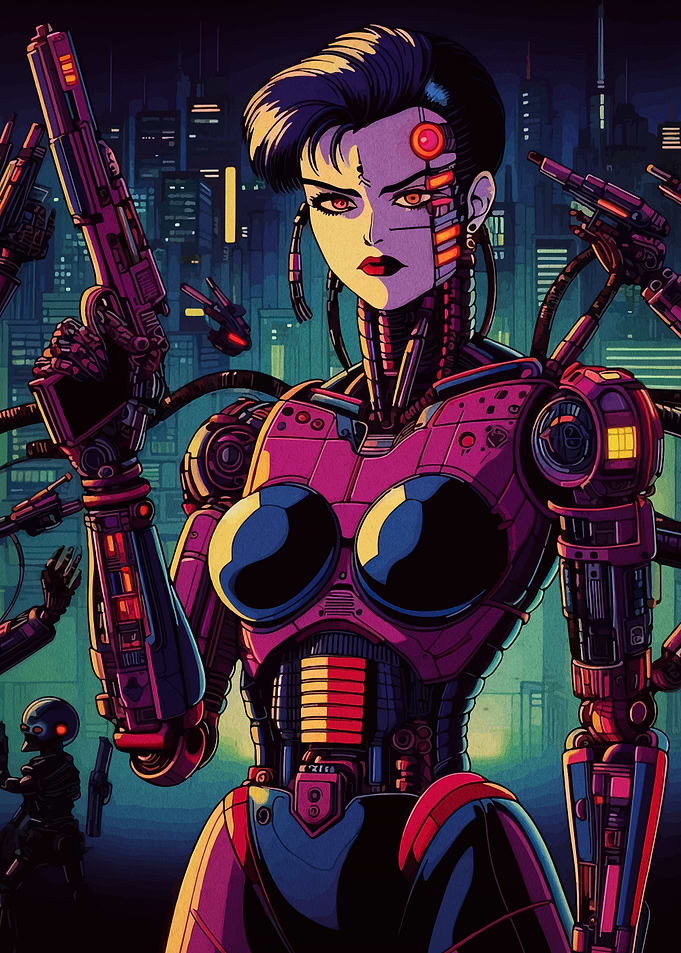 Cyberpunk Android Woman with Gun