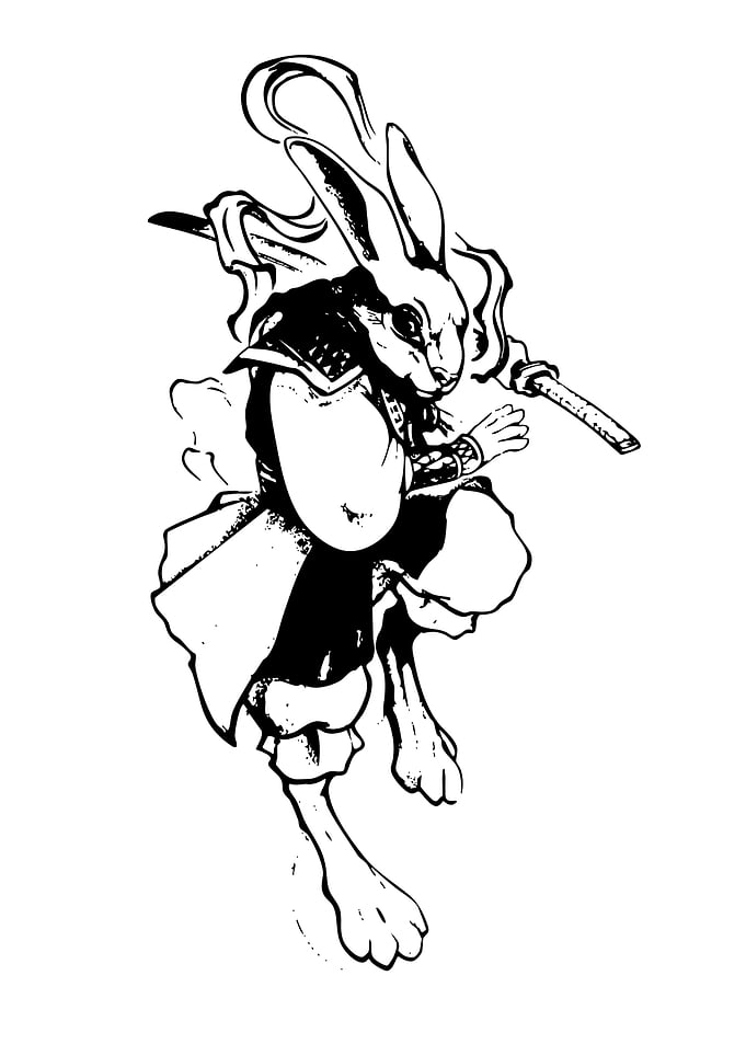 Rabbit Samurai Black and White Illustration