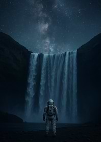 Astronaut at Waterfall Under Starry Sky