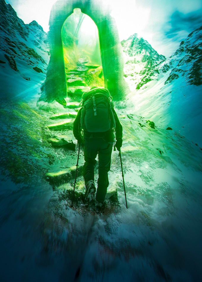 Hiker Climbing Snowy Mountain Steps