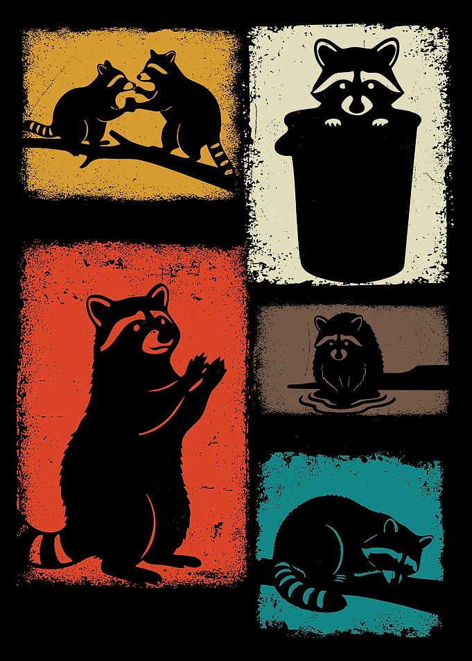 Retro Raccoon Poster Collage Cute Animal Wall Art Vintage Style Illustration Print