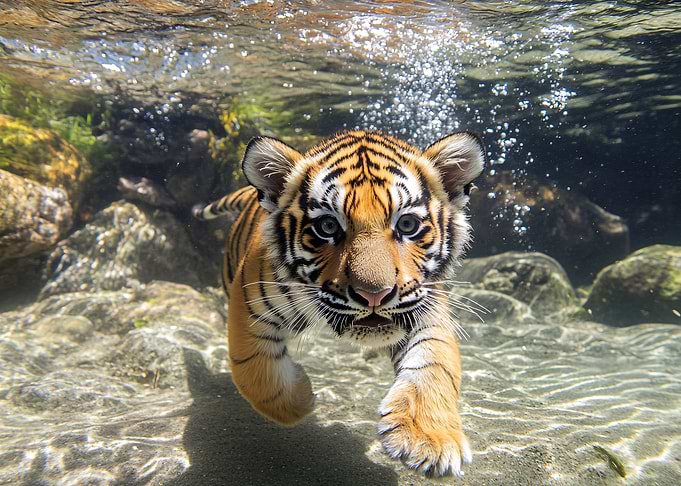 Tiger cub underwater portrait
