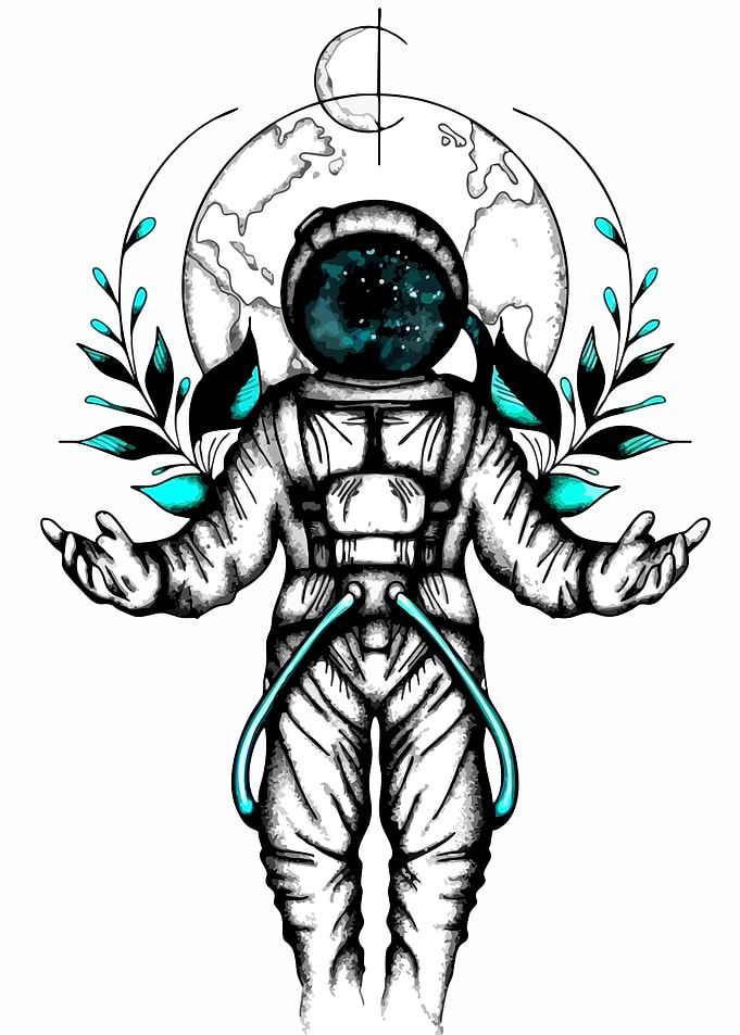 Astronaut with cosmic helmet and plants
