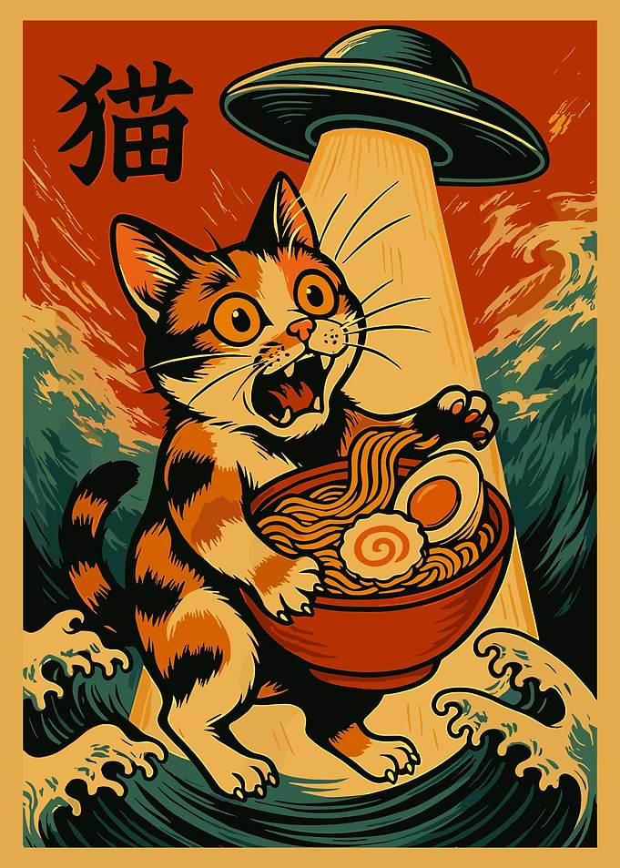 UFO Cat Ramen Poster Funny Surreal Cat Wall Art Japanese Style Anime Print