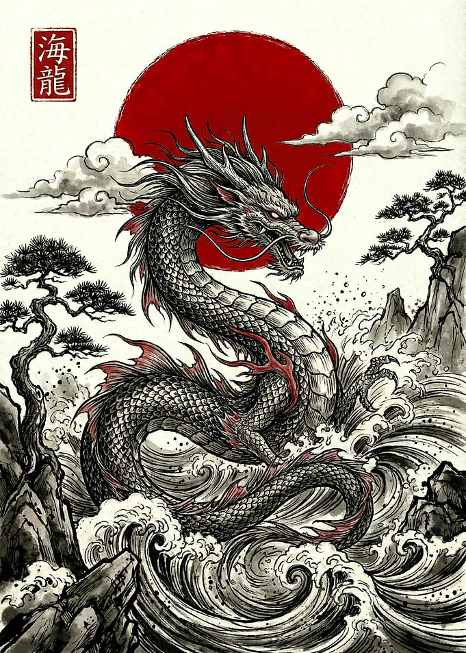 Japanese Dragon in Ink Wash Style