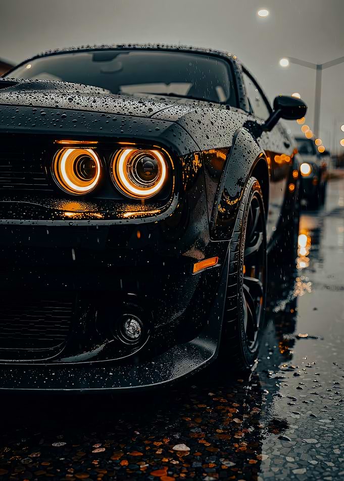 Black Dodge Challenger on a Rainy Day