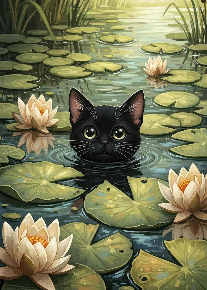 Black Cat in Lily Pond