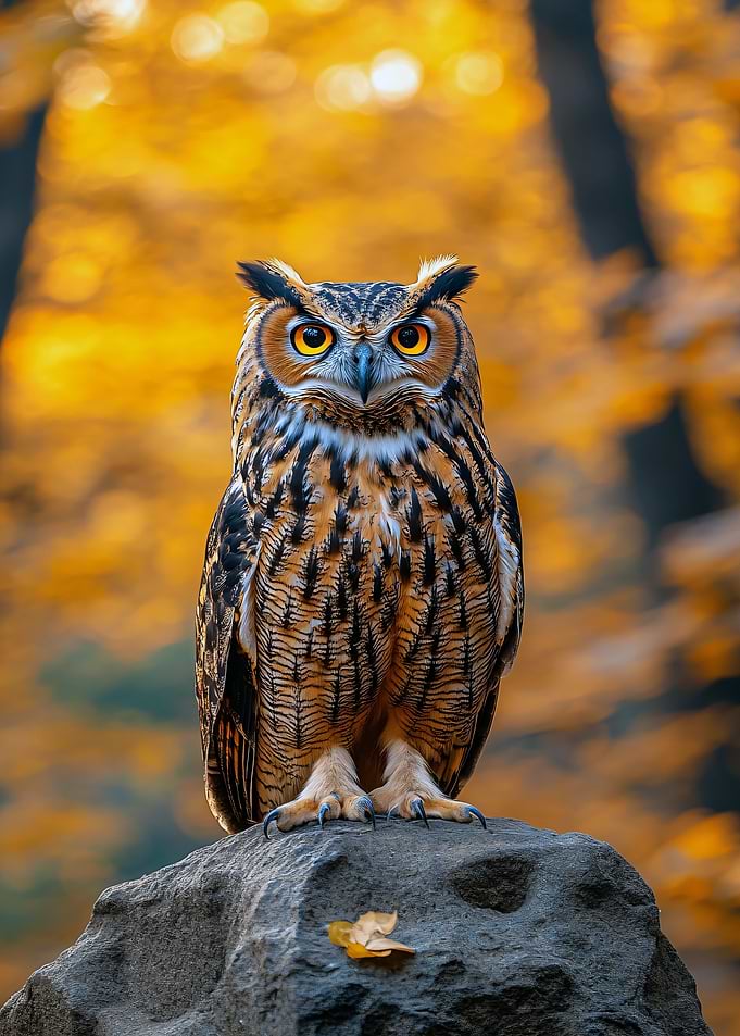 Owl Perched on Rock in Autumn