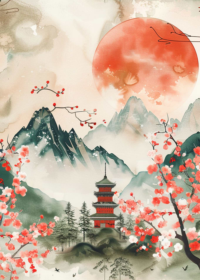 Japanese Landscape with Pagoda and Blossoms