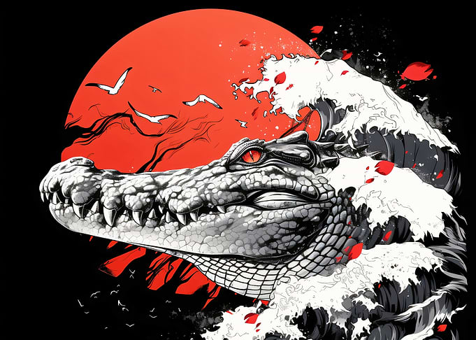 Crocodile with Wave and Red Sun