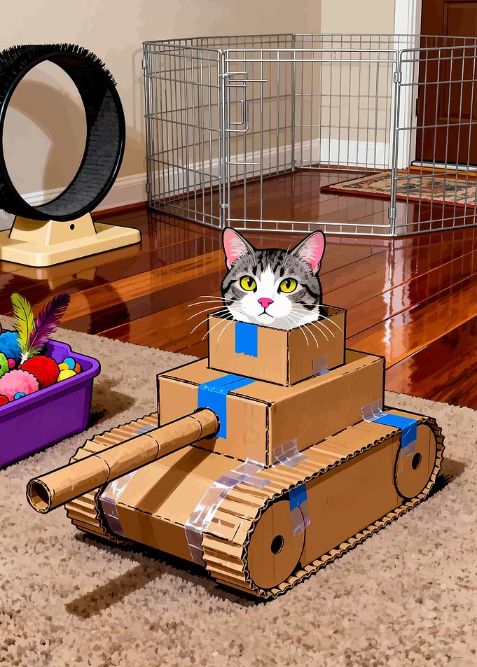 Cat in Cardboard Tank