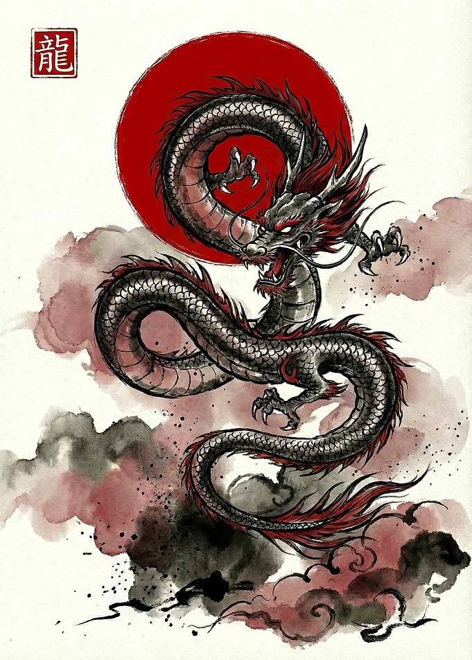 Dragon with Red Sun Ink Painting