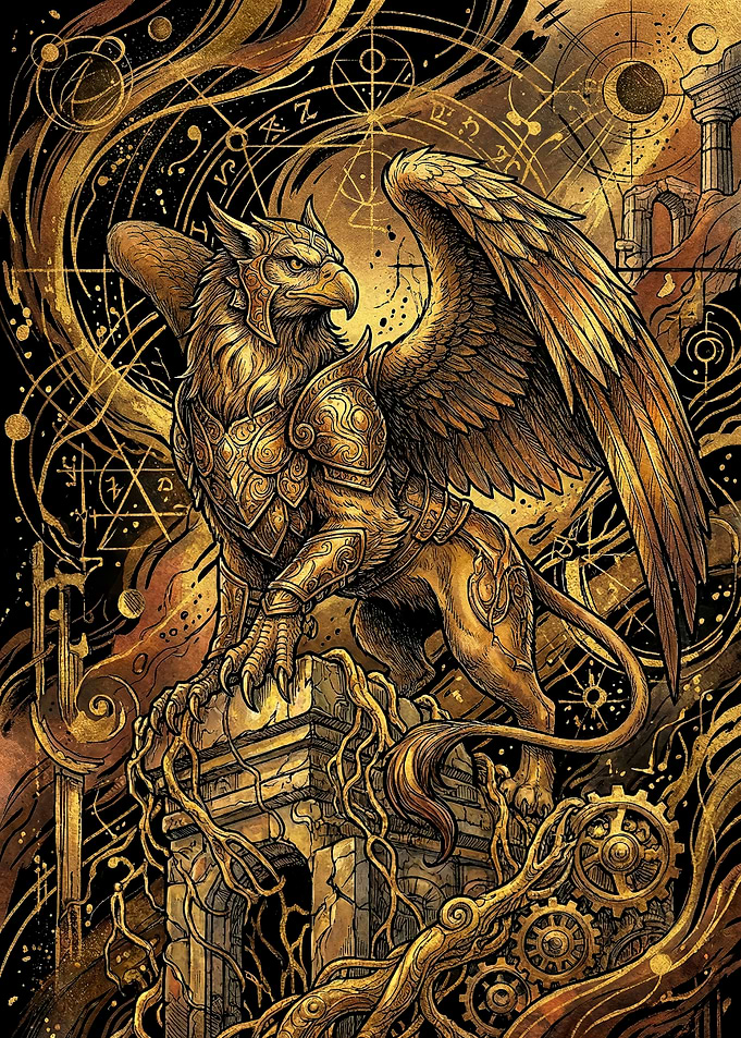 Golden Armored Griffin on Stone Pedestal