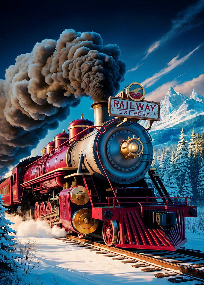 Railway Express Train in Winter Landscape
