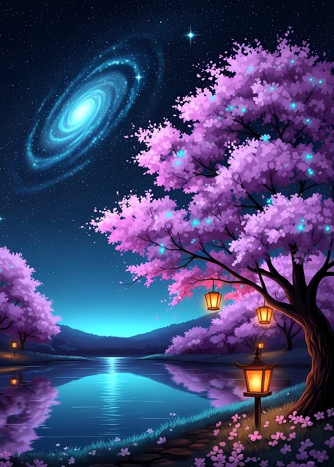 Cherry Blossoms, Galaxy, and Lanterns