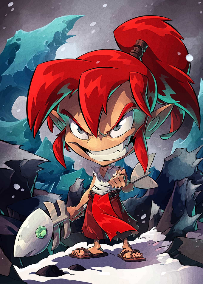 Cartoon Character with Spear in Snowy Landscape