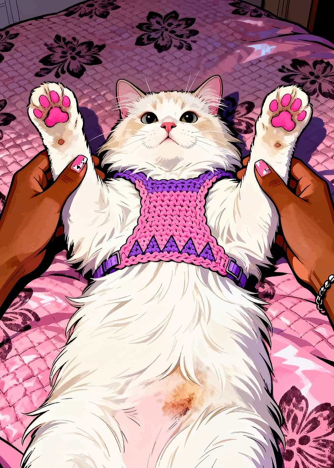 Cat in Harness on Pink Bed