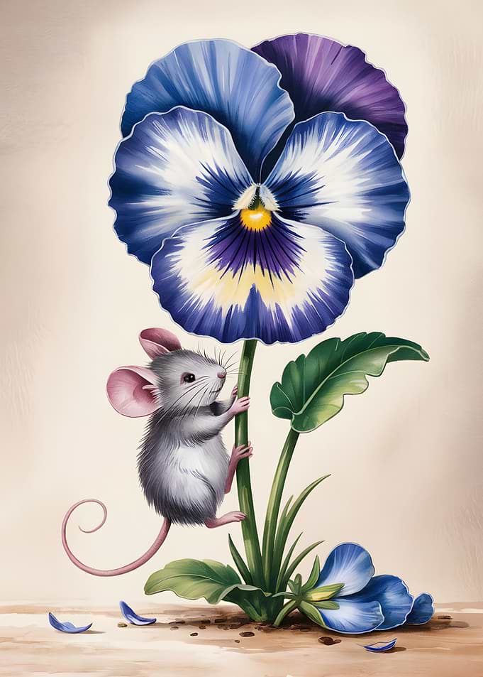 Mouse Climbing a Pansy Flower