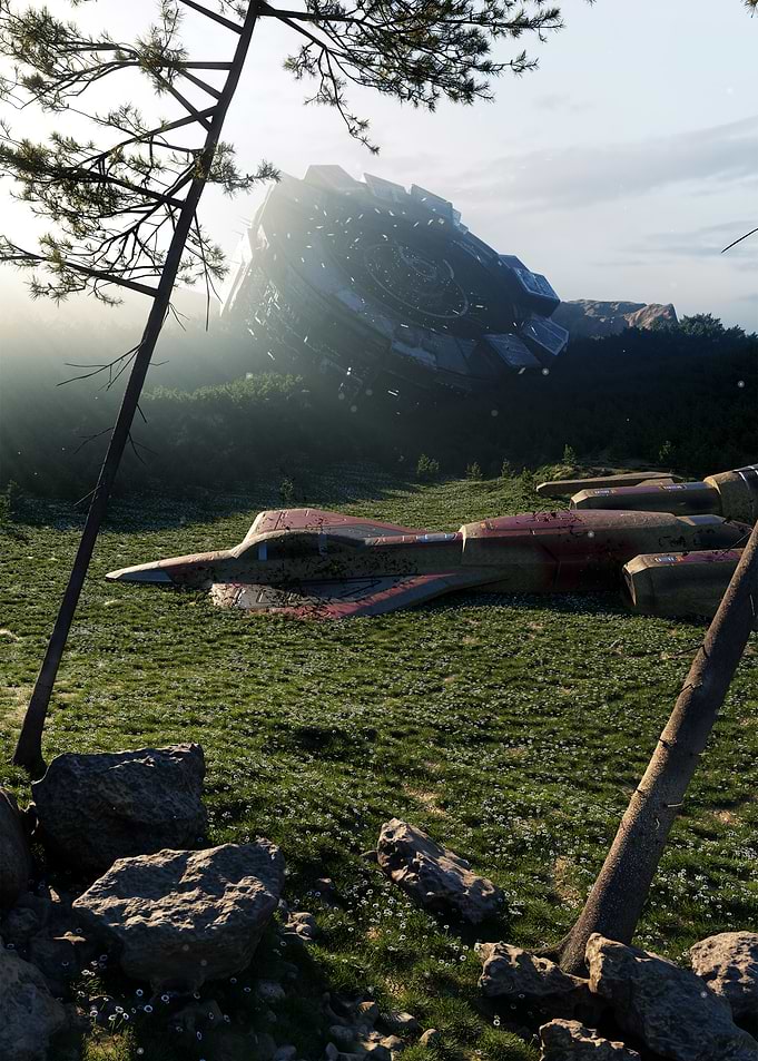 Crashed Spaceship in Grassy Field