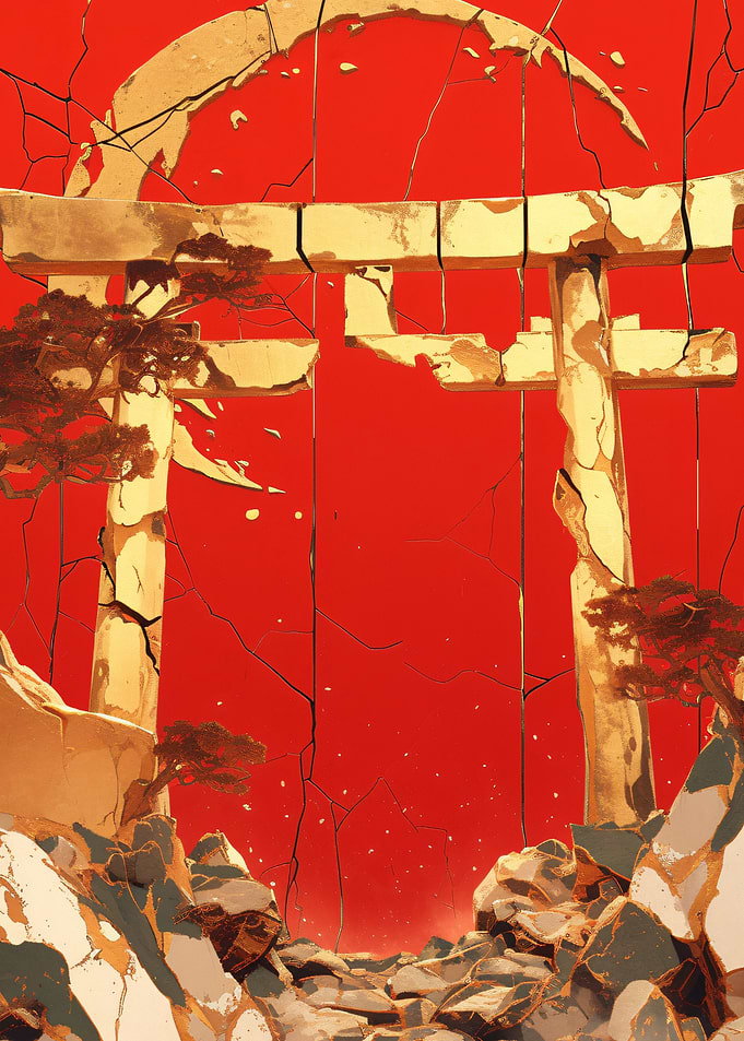 Cracked Torii Gate with Red Sky