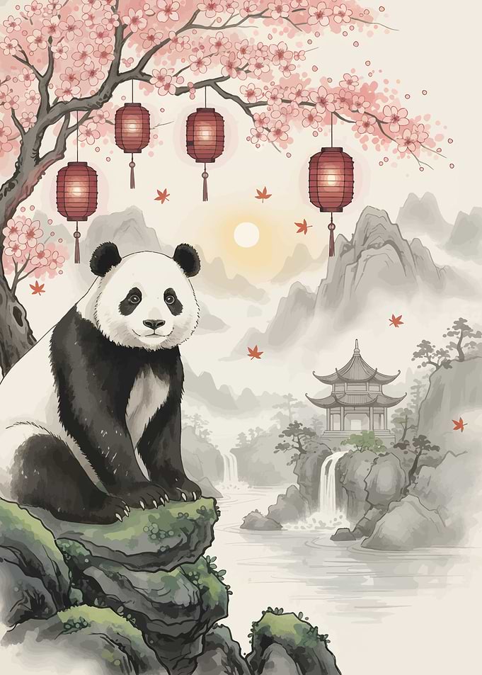 Panda in Asian Landscape with Lanterns