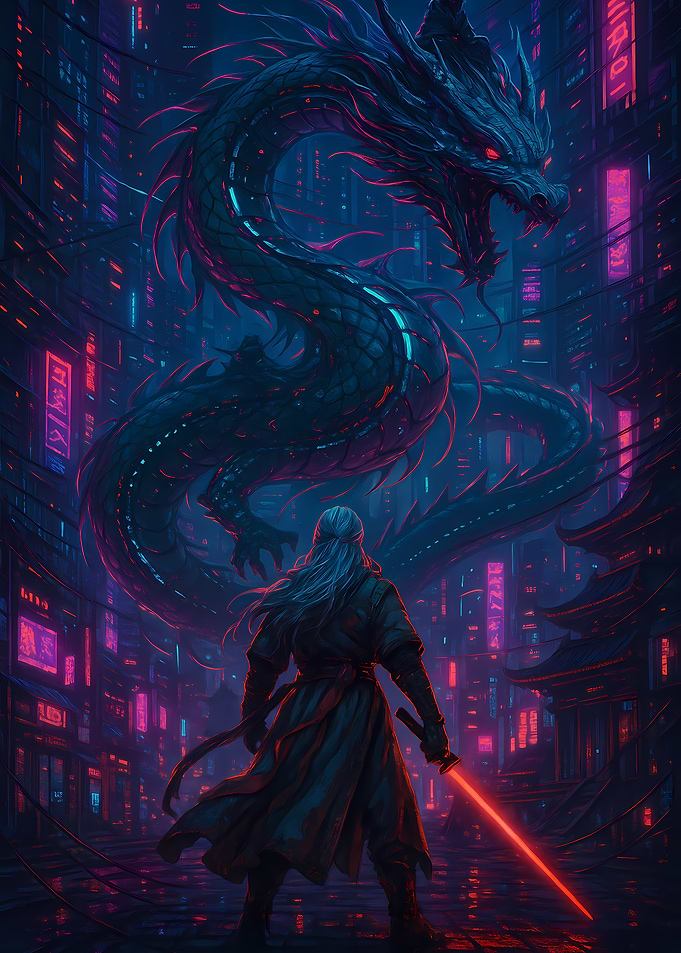 Neon Dragon Duel in a Cyberpunk City
