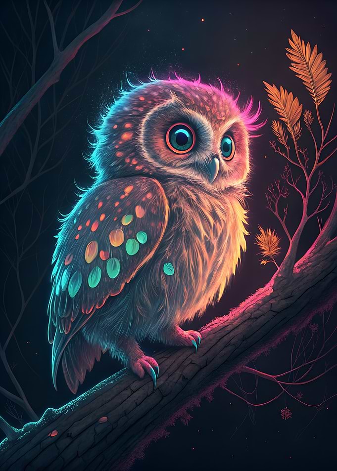 Colorful Baby Owl on Branch